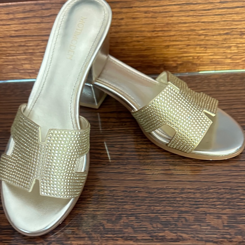 Gold Slide Sandals with Block Heel